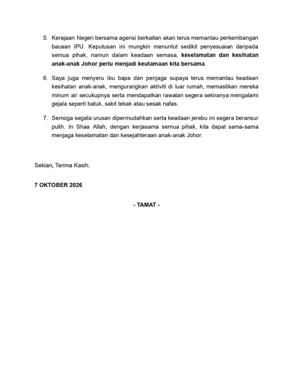 penutupan pada 8 dan 9 Oktober itu turut membabitkan penangguhan sebarang pentaksiran, termasuk Matriks Pembelajaran Tahun 4 (MPT4), yang akan dijadualkan semula oleh Jabatan Pendidikan Negeri Johor (JPNJ).