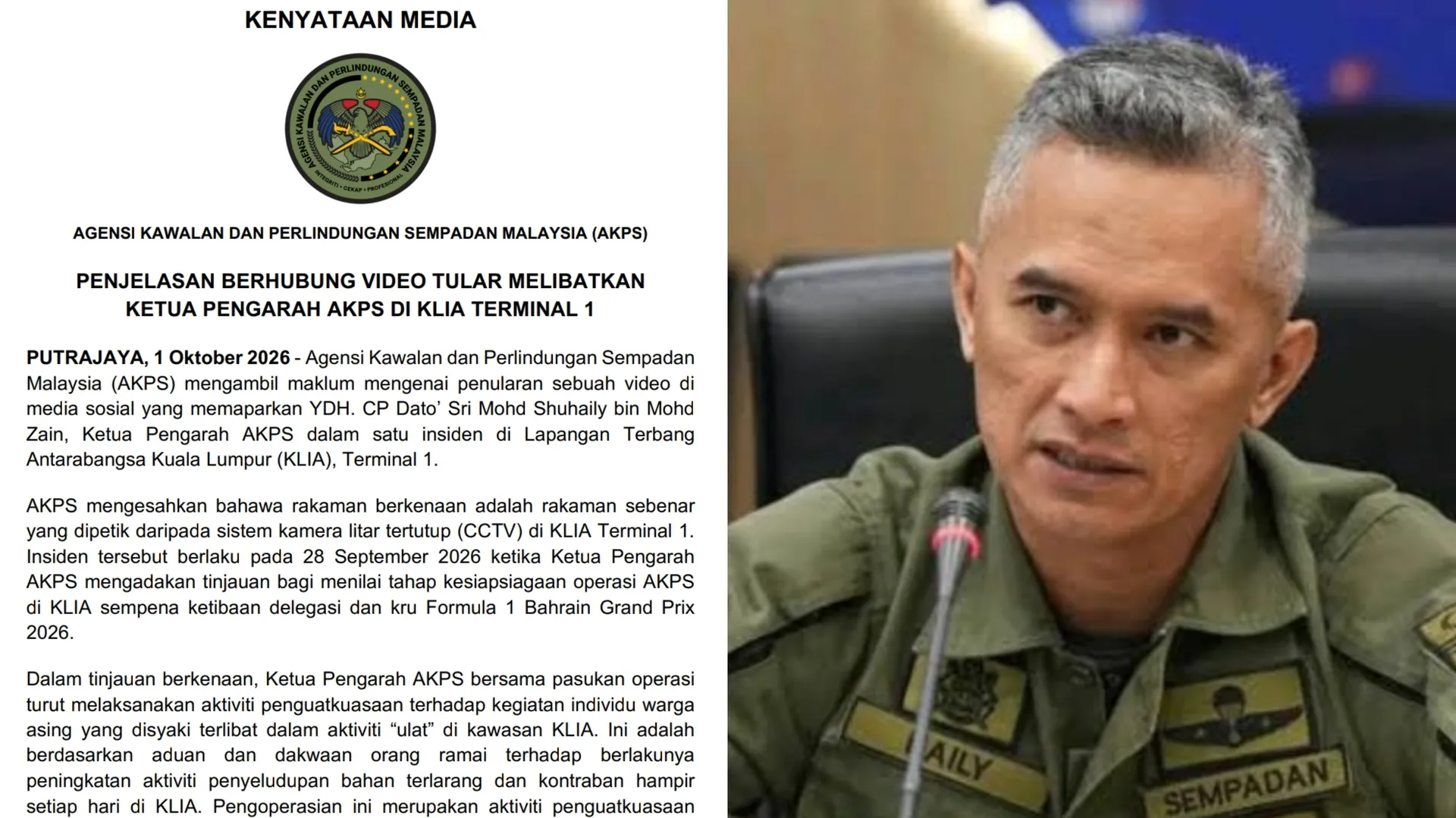 Mohd Shuhaily mengadakan tinjauan bagi menilai tahap kesiapsiagaan operasi AKPS di KLIA sempena ketibaan delegasi dan kru Formula 1 Bahrain Grand Prix 2026.