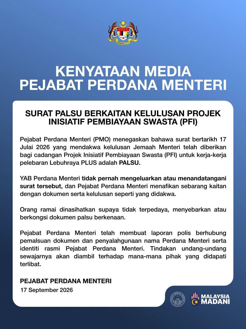 Kenyataan Pejabat Perdana Menteri.