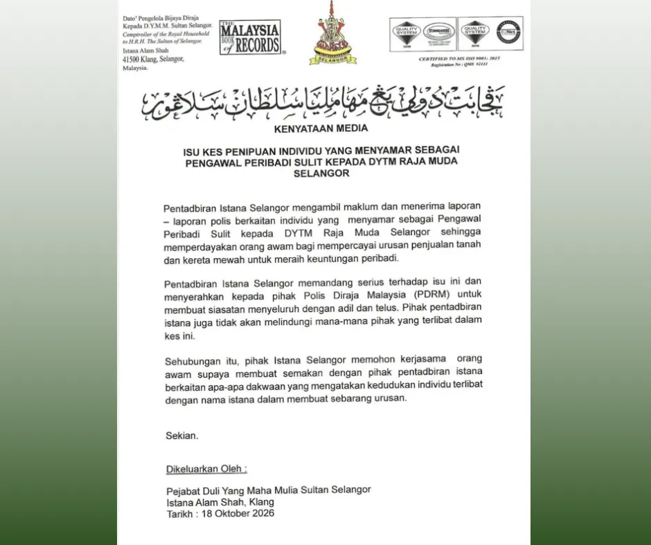 Kenyataan media Pejabat Duli Yang Maha Mulia Sultan Selangor.